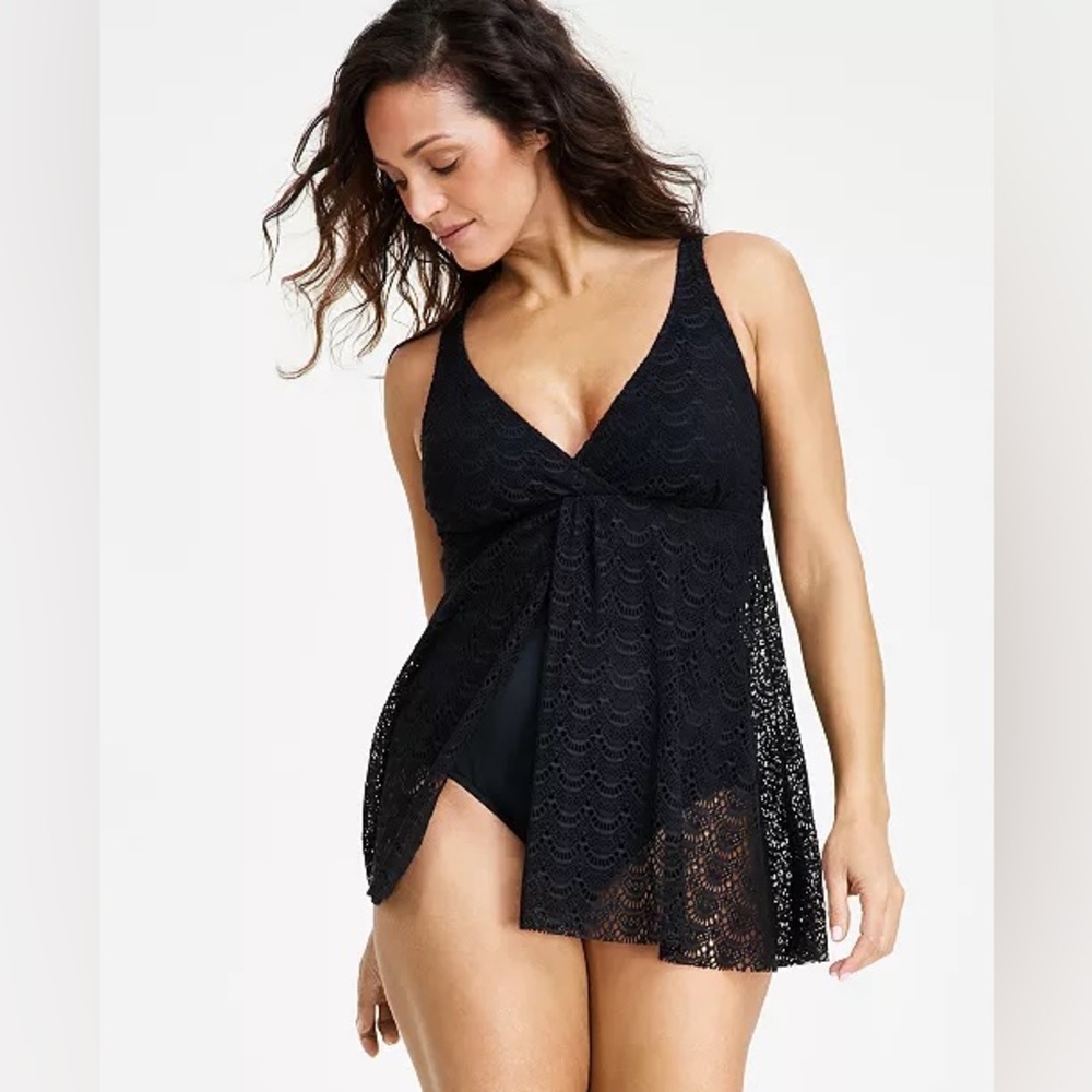 SWIM SOLUTIONS / Black Crocheted Swimsuit - Sz. 10 - NWT